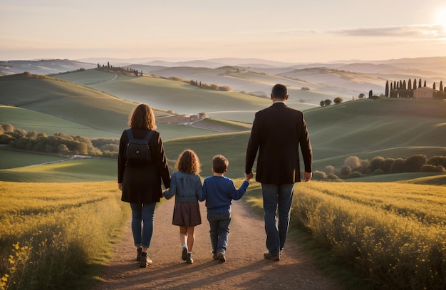 Foto família caminhando por uma trilha rural no campo ia generativa