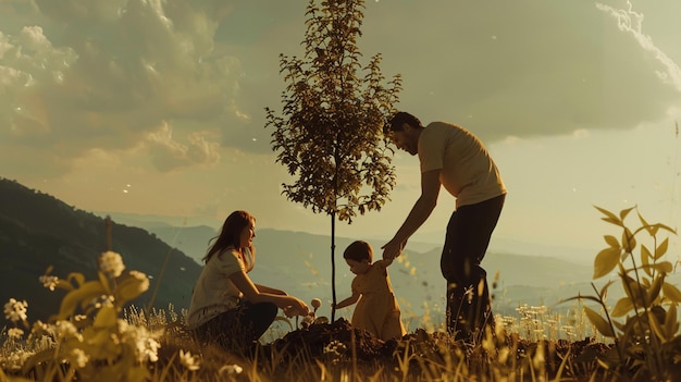una familia en un campo con un árbol y una mujer y un niño