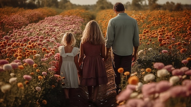 Familia en el campo de las flores.