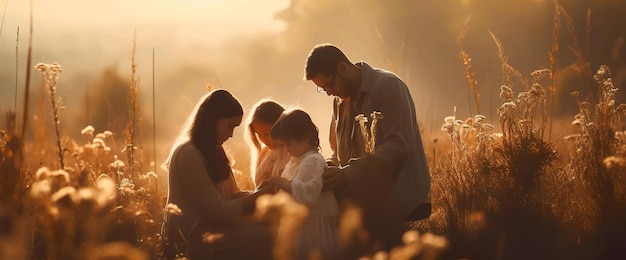 Una familia en un campo de girasoles estaba orando con la vista del atardecer.