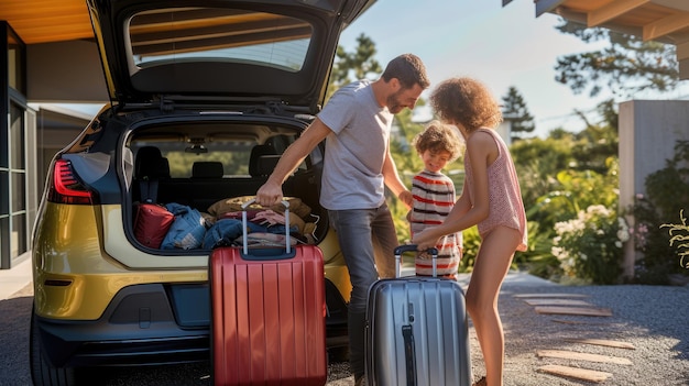 Foto la familia cargando el equipaje de viaje en el vehículo para el ocio