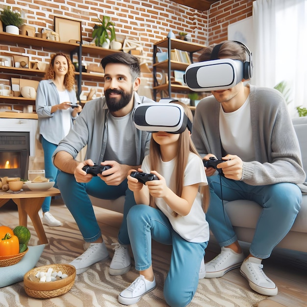 familia en casa usando realidad virtual VR para jugar juegos