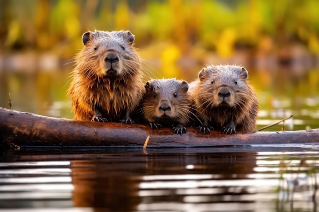 una familia de castores en un árbol caído al otro lado del río