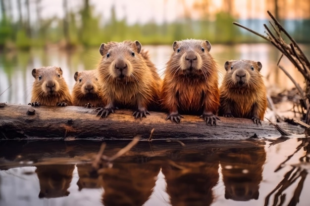 Foto una familia de castores en un árbol caído al otro lado del río