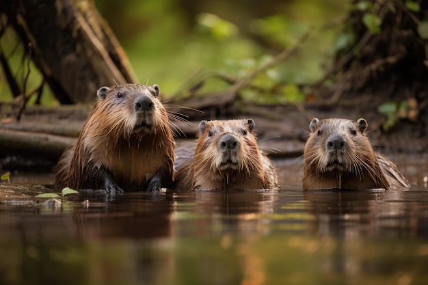 Una familia de castores nadando en un río IA generativa