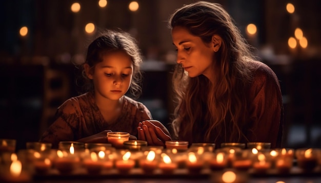 Família celebra a noite junto com velas brilhantes geradas por IA