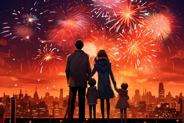 una familia celebra el año nuevo en la ciudad con fuegos artificiales en el fondo ilustración de estilo anime