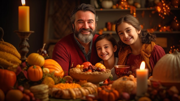 Família celebra o Dia de Ação de Graças e o festival da colheita Rostos felizes e sorrisos Dia quente de outono