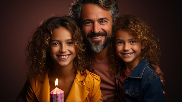familia celebrando el cumpleaños con dos velas en un fondo oscuro