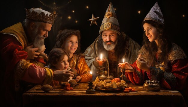 Foto una familia celebrando el día de los reyes magos