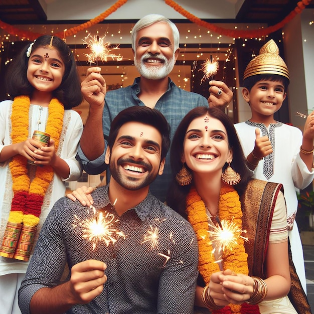 Una familia celebrando el Diwali