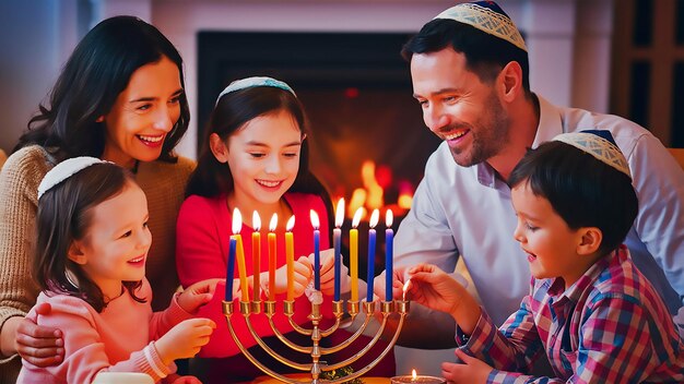 Foto una familia está celebrando una fiesta judía con una menorá