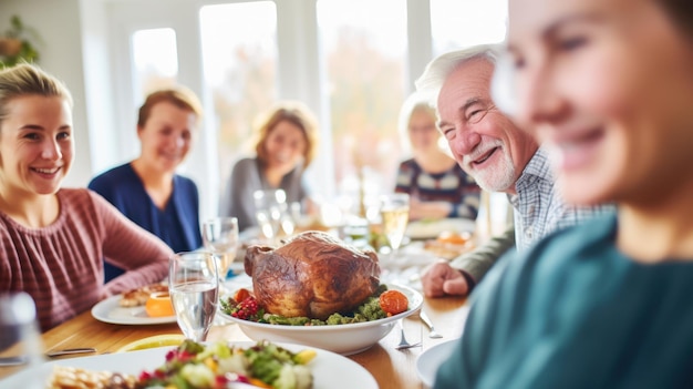 Una familia cenando juntos en Acción de Gracias.