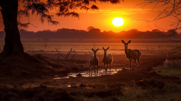 Foto família cervo do pôr-do-sol em thung kramang chaiyaphum