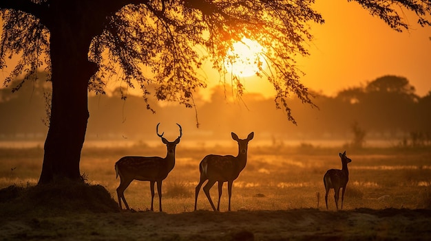 Foto familia de ciervos al atardecer en thung kramang chaiyaphum