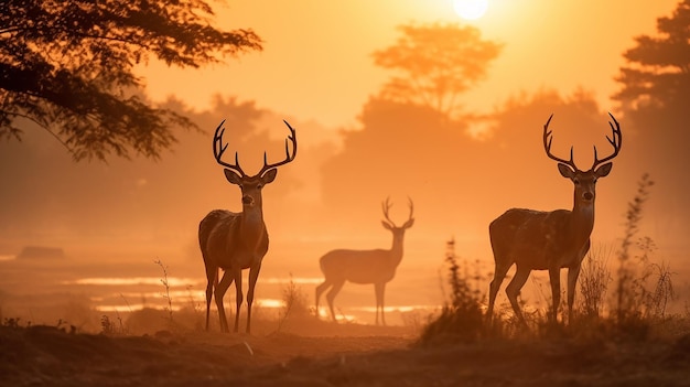 Foto familia de ciervos al atardecer en thung kramang chaiyaphum