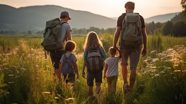 Familia de cinco personas caminando en un campo de hierba alta