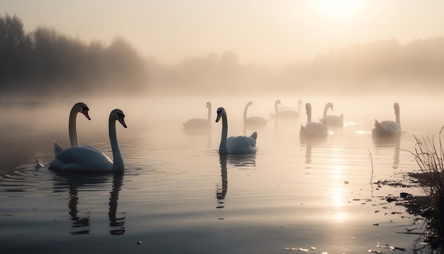 Familia de cisnes nada en un estanque tranquilo al amanecer generado por IA