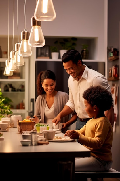 una familia en la cocina con su rutina diaria generativa de IA