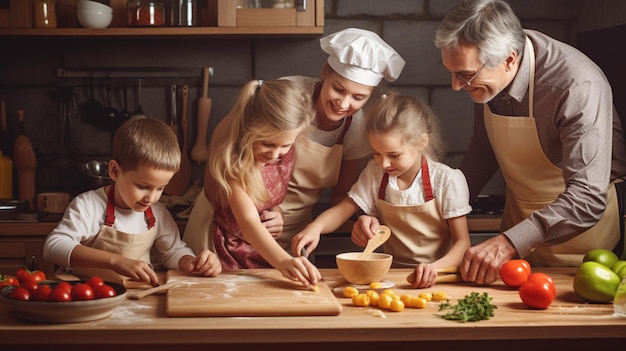Una familia cocinando en una cocina.