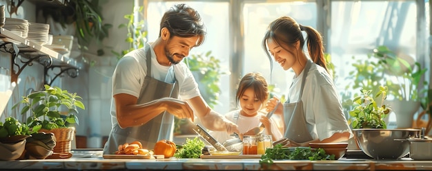 Una familia cocinando juntos en la cocina en el fondo