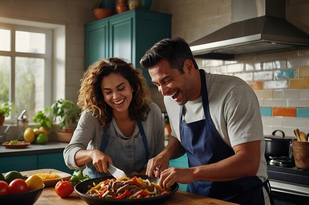 Una familia cocinando juntos en la cocina riendo