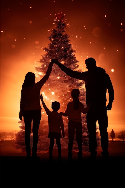 una familia cogida de la mano y regocijándose frente a un árbol de Navidad bellamente iluminado