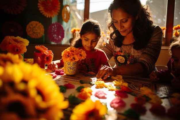 Una familia coloca coloridas flores de caléndula y calaveras de azúcar en un altar de ofrenda de diseño intrincado