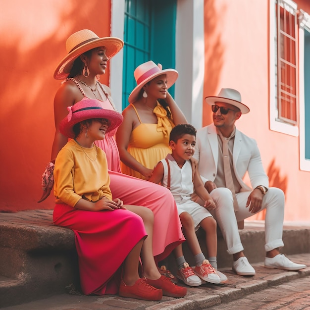 familia colombiana en un dia soleado usando ropa colorida