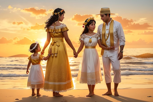 Familia colombiana en la playa por la tarde con puesta de sol