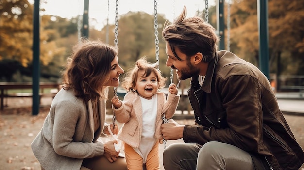 Una familia en un columpio con un bebé.