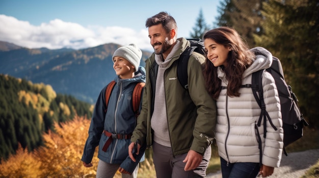 Família com criança caminhando nas montanhas no outono
