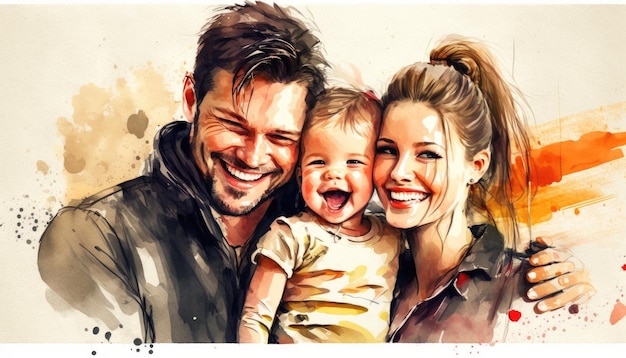 Família com criança em estilo aquarela Generative AI