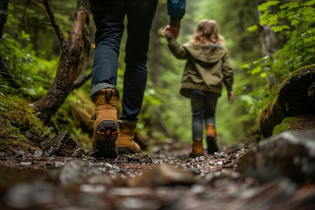 Família com crianças caminhando pela floresta