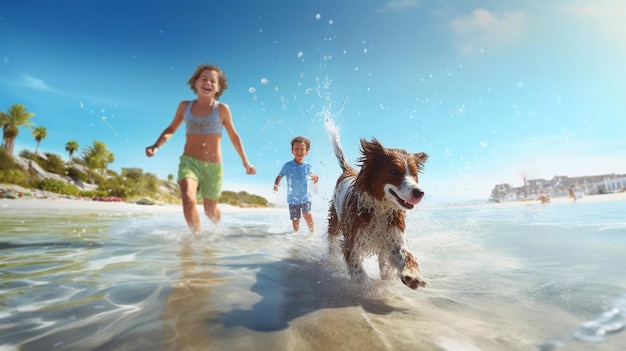 família com crianças e cachorro andando corre relaxa na água do mar na praia de dia ensolarado