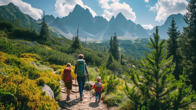 Família com crianças pequenas caminhando ao ar livre no verão caminhando na natureza nos Altos Tátras