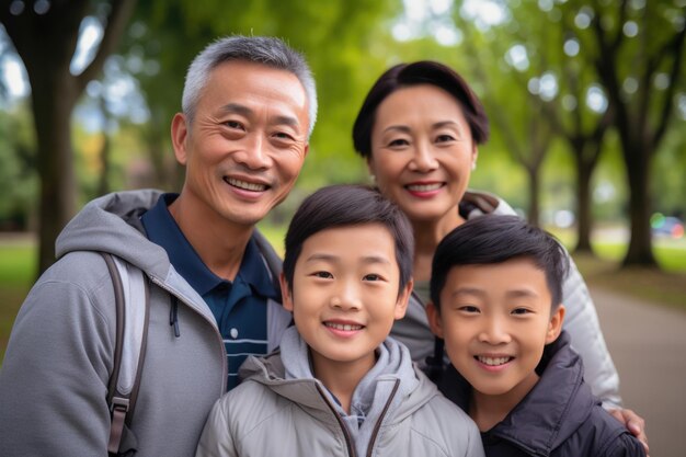 família com expressão feliz ao ar livre em um jardim gerado por IA