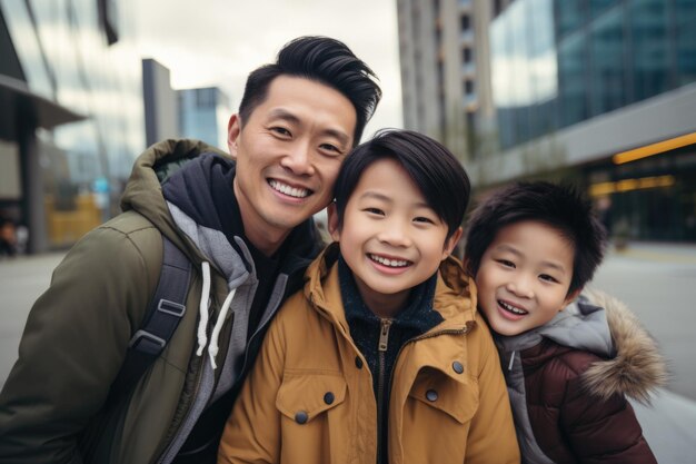 família com expressão feliz ao ar livre em uma cidade gerada por IA