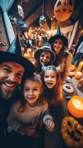 Família com fantasias de Halloween tirando uma selfie em uma festa