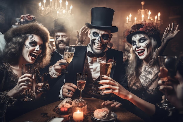 Família com fantasias de Halloween tirando uma selfie em uma festa