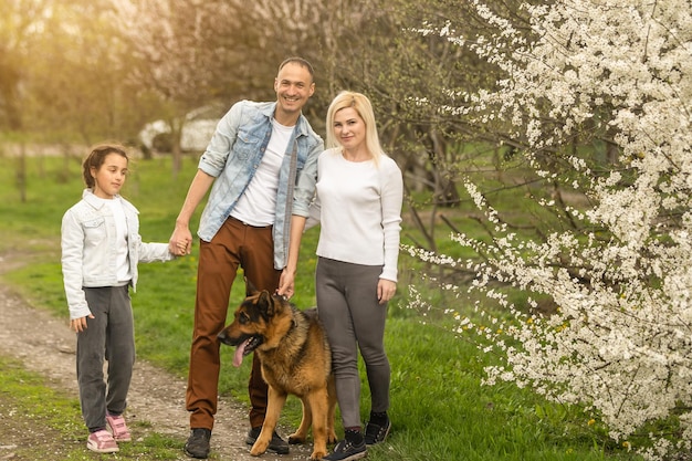 Família com filha pequena e cachorro andando ao ar livre no pomar na primavera