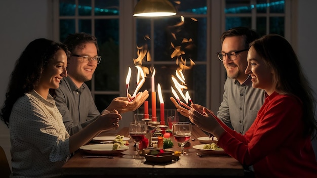 Família com fogos de bengal queimando na mesa festiva