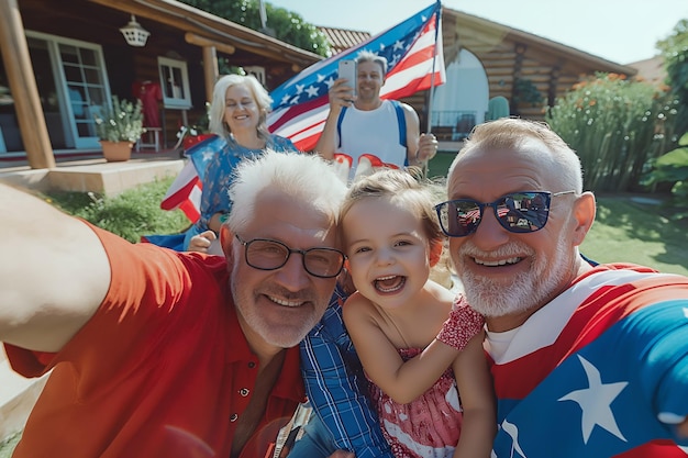 Foto família com idosos e bebê segurando bandeira americana comemoração de churrasco 4 de julho dia da independência