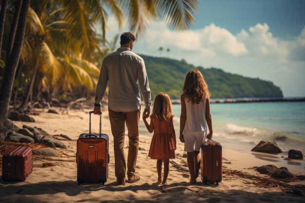 Foto família com malas ao lado do mar