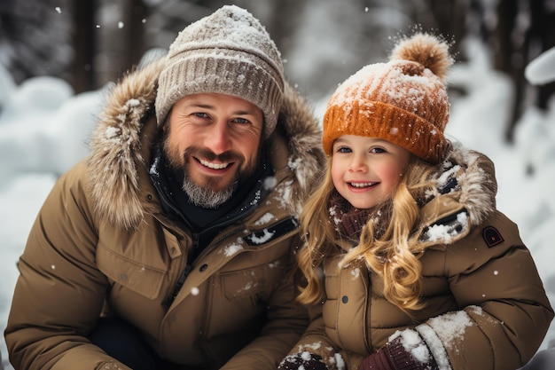 Família com pai e filha brincando na neve fazendo um boneco de neve