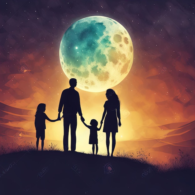 família com pai e mãe na lua à noite