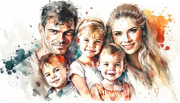 Família com três filhos estilo aquarela Generative AI