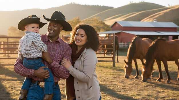 Foto família com um filho pequeno no rancho