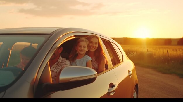 Família com viagem de carro dirigindo viagem férias de verão Ai Generative