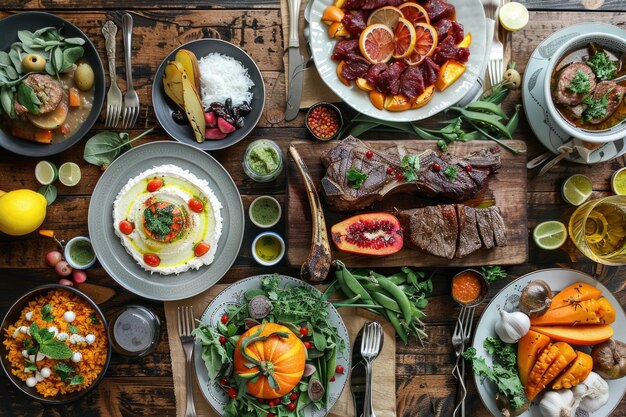 Família comemorando com cozinha turca vista plana